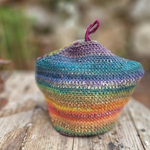Tea Cosy,Handmade Crochet Pure Wool Cozy, Pink Tea hat, Made On Dartmoor, Multi Coloured, Fits a 6 cup tea pot, vintage style, Autumnal