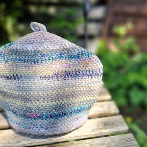 Tea Cosy,Handmade Crochet Pure Wool Cozy, Pink Tea hat, Made On Dartmoor, Multi Coloured, Fits a 6 cup tea pot, vintage style, subtle blues