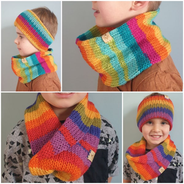 Kinder Kreis Schal - Heller und kräftiger Snood - Regenbogen Schal - Gestrickt & Handgemacht