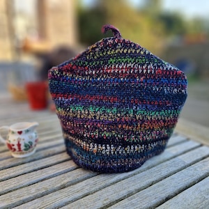 Tea Cosy,Handmade Crochet Pure Wool Cozy, Pink Tea hat, Made On Dartmoor, Multi Coloured, Fits a 6 cup tea pot, vintage style, Navy Blue