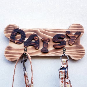 Wood Dog Leash Holder, Personalized Custom Pet Gift  Wooden Organizer  for wall, Dog name sign, Wood dog bone, Sign hanger key