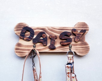 Wood Dog Leash Holder, Personalized Custom Pet Gift  Wooden Organizer  for wall, Dog name sign, Wood dog bone, Sign hanger key