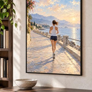 Peut inclure: Une impression d'art encadrée représentant une personne courant sur un chemin côtier en pierre au coucher du soleil. La scène montre une mer calme, des montagnes lointaines et une ville nichée contre les falaises sous un ciel doré.