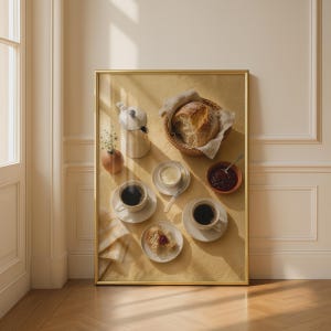 Könnte beinhalten: Ein gerahmter Kunstdruck mit einer Draufsicht auf ein Frühstücksgedeck auf einer gelben Tischdecke. Die Szene umfasst eine weiße Kaffeekanne, einen Weidenkorb mit Brot, zwei Tassen schwarzen Kaffee, eine kleine Schale mit Marmelade und einen Teller.