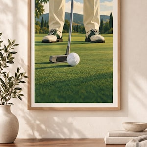May include: A framed wall art print depicting a golfer standing on a green putting surface. The golfer wears cream-coloured trousers and white and green golf shoes. A silver putter is positioned behind a white golf ball on the grass.