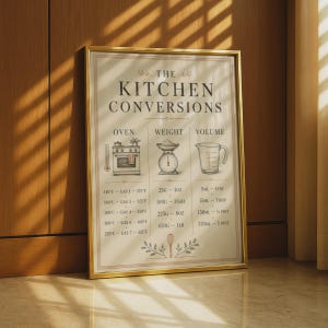 Puede incluir: Un cuadro de conversión de cocina con marco dorado que incluye el texto THE KITCHEN CONVERSIONS. Muestra ilustraciones de un horno, una báscula y una jarra medidora, con columnas para temperaturas de horno, peso y medidas de volumen.