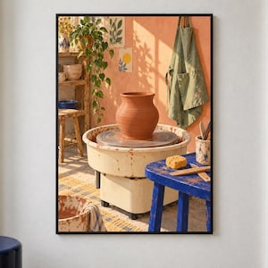 May include: A terracotta clay pot sits on a pottery wheel in a studio with peach-colored walls. A green apron hangs on the wall, and a blue wooden stool holds a yellow sponge and wooden tools. A wooden shelf with bowls and a plant is nearby.