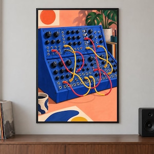 Impressão de sintetizador modular, painéis de cobalto e cabos de conexão, arte moderna para estúdio de música.