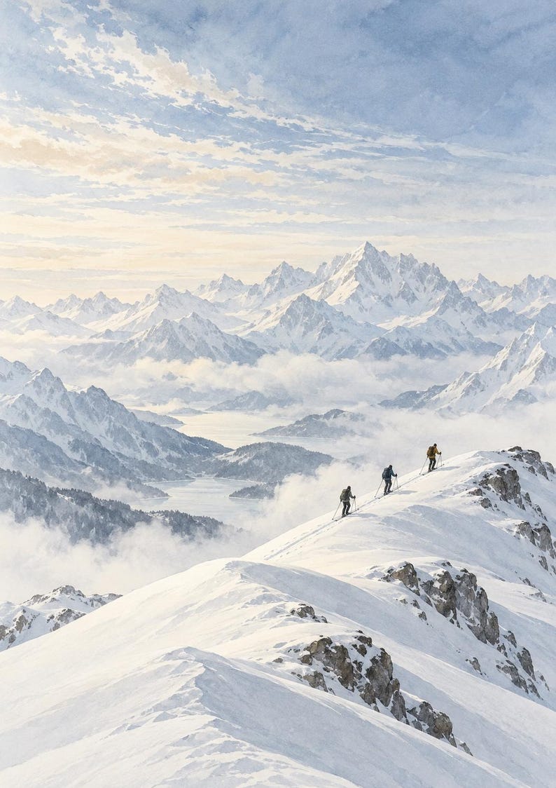 Fingerprins Ridges Ski Touring Print, Quiet Summit Ridge Watercolour, Backcountry Mountain ...