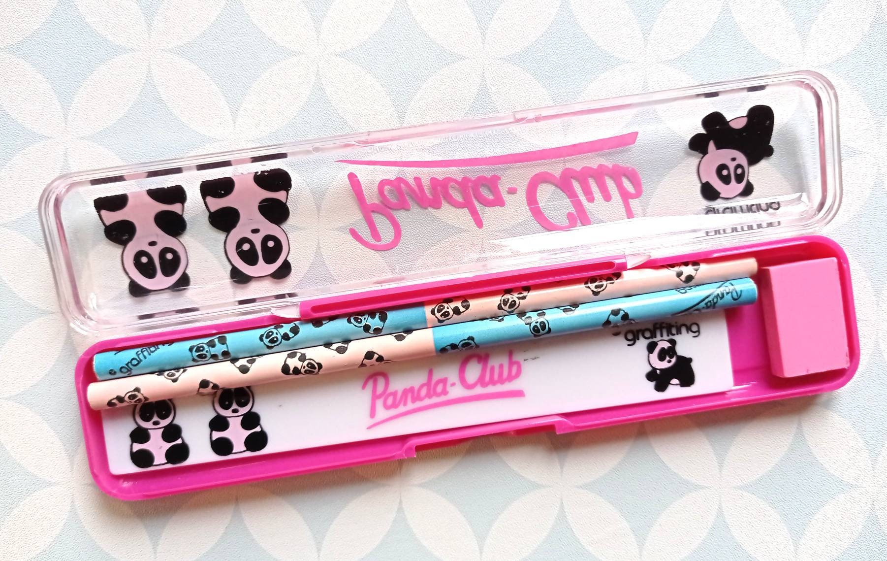 80S/90S Vintage Graffiting Panda Club School Set Plastic Pencil Case With Accessories