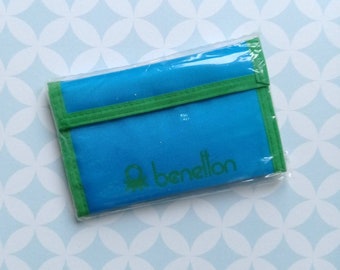 Jaren 80 Vintage Verenigde Kleuren van Benetton Blauw en Groen Canvas Nylon Portemonnee Nieuw