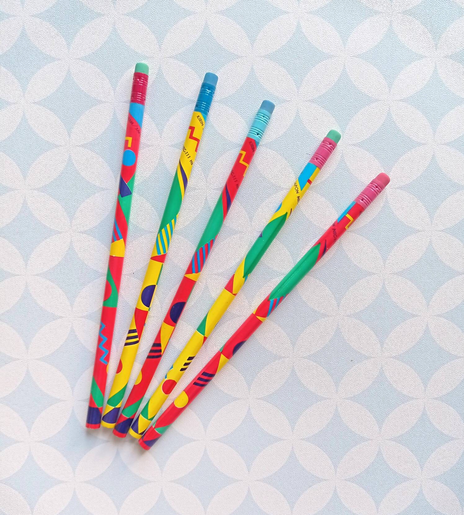 80S Vintage Kirin Japan Set Of 5 Non Sharpened Wooden Multicolored Pencils With Eraser