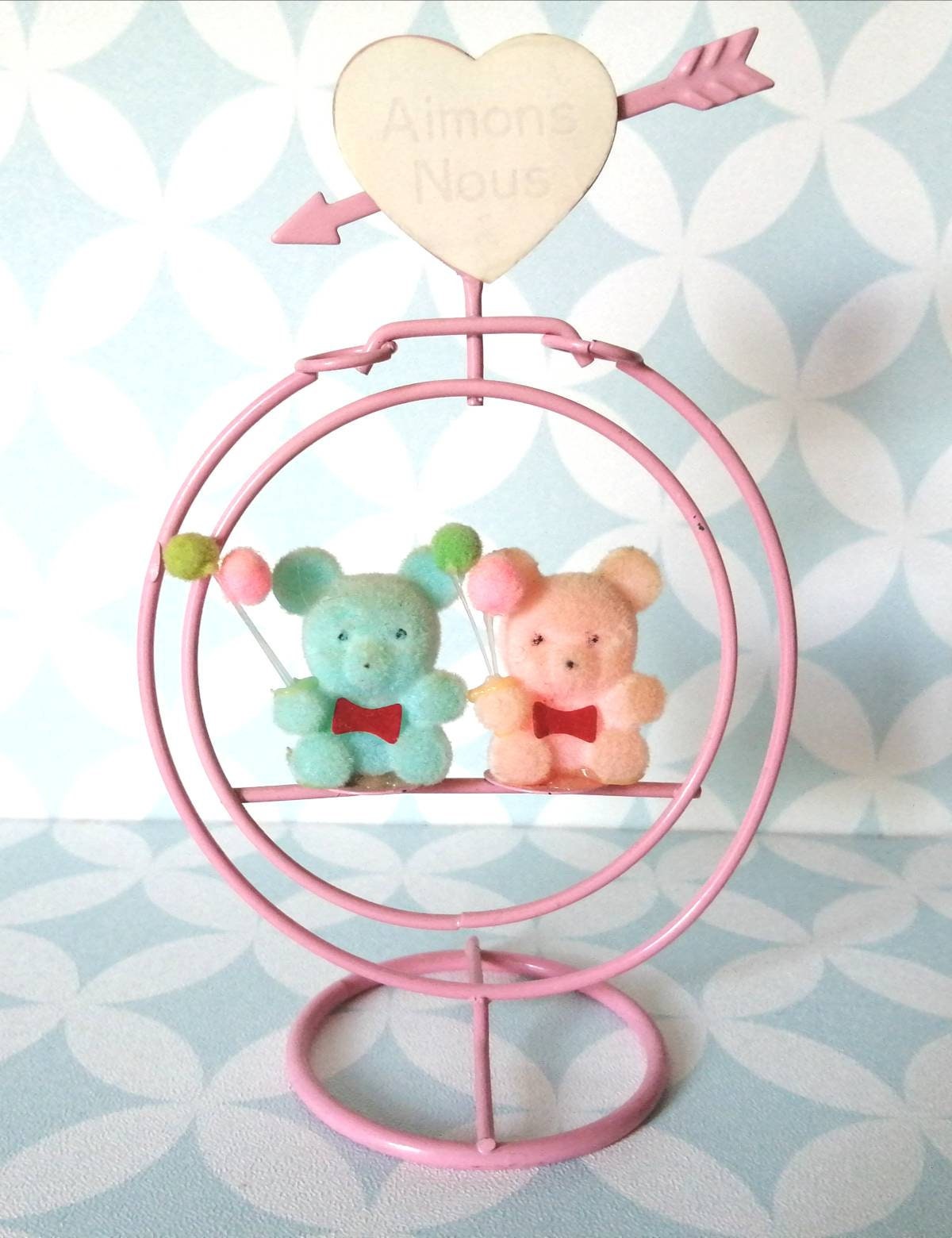 80S Vintage Pink Metal Decoration With Teddy Bear Heart Oursons