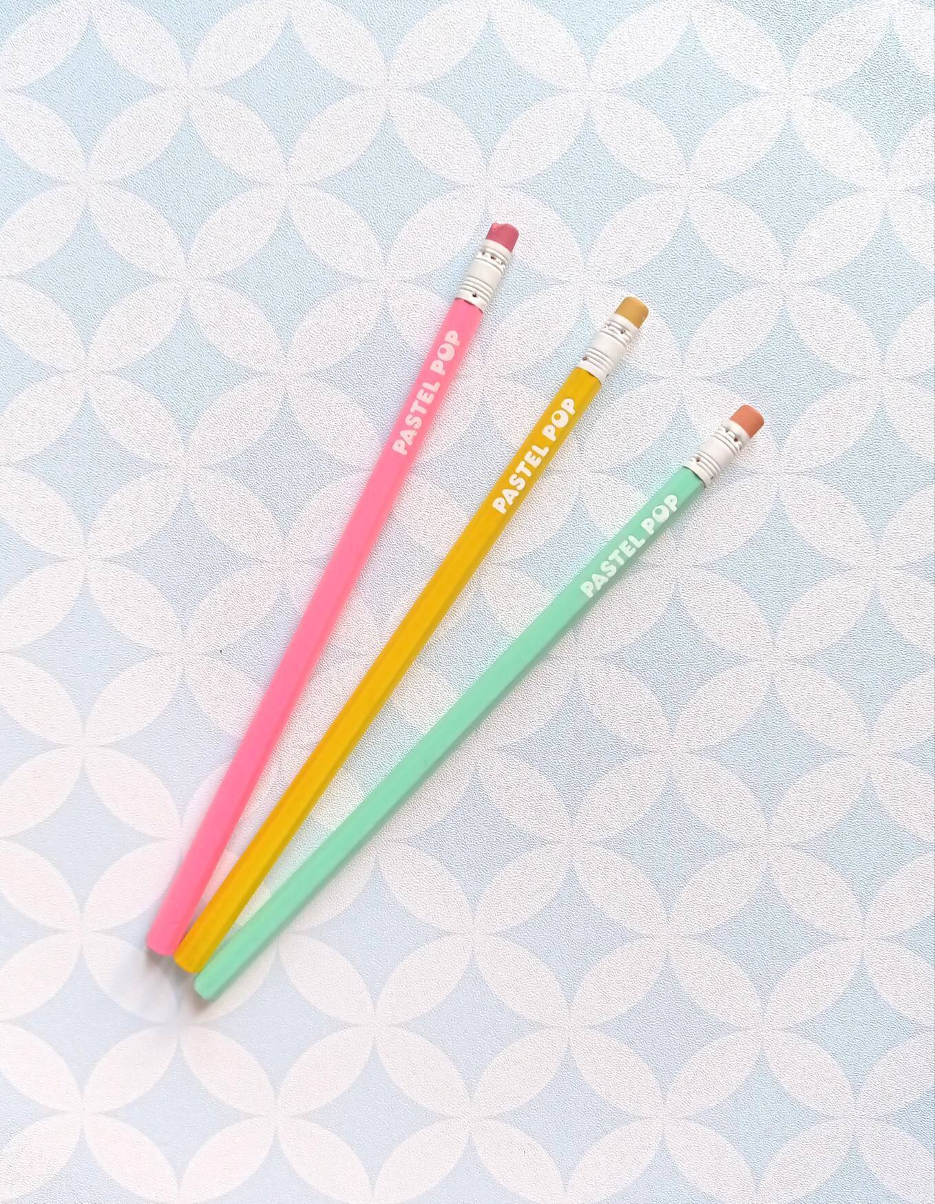 80S Vintage Goody Japan Pastel Pop Set Of 3 Non Sharpened Wooden Pencils With Eraser