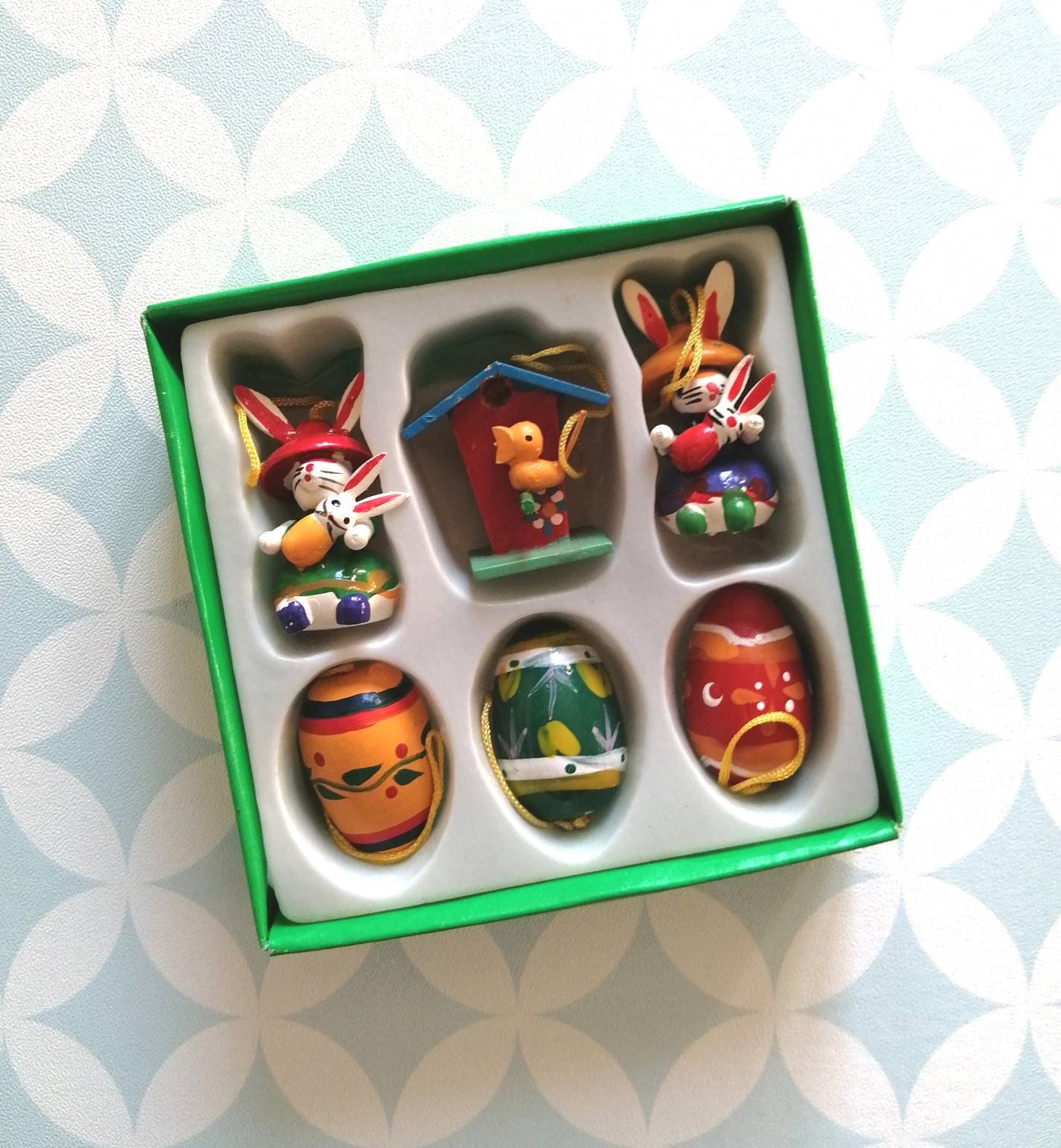 80S/90S Vintage Easter Set Of 6 Wooden Figurines Decoration Ornament Décoration Pâques en Bois