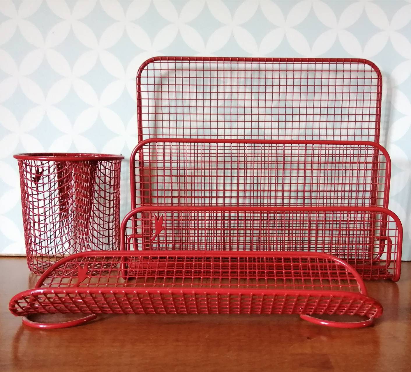 80S Vintage Red Metal Office Storage Organizer Set Ensemble Organiseur de Bureau Rangement