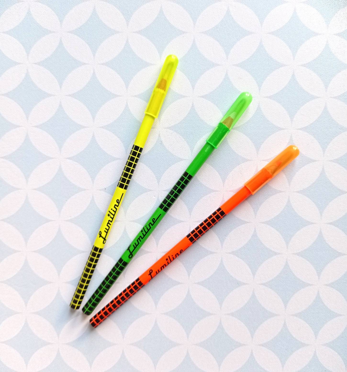 80S Vintage Ribbon Japan Lumiline Set Of 3 Wooden Neon Color Pencils