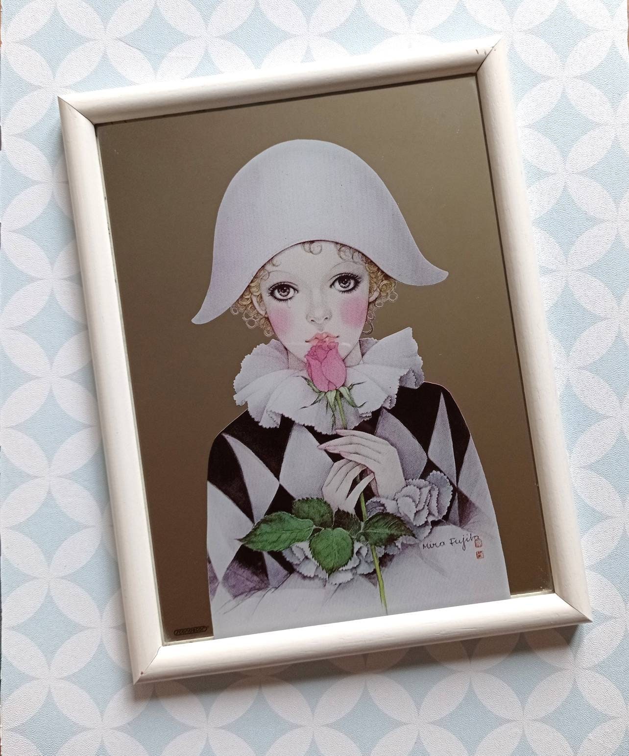 80S Vintage 1980 Wooden Frame Mirror Pierrot Love Colombine Arlequin Mira Fujita Scandecor