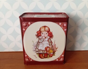 80s Vintage Valentine Sarah Kay Metal Coin Bank Piggy Bank