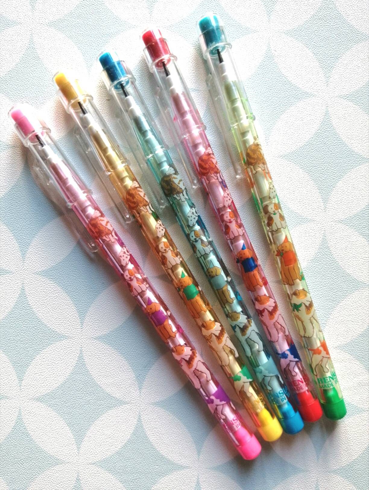 80S Vintage Bensia Rare Set Of 5 Pencils With Dogs New Conditions