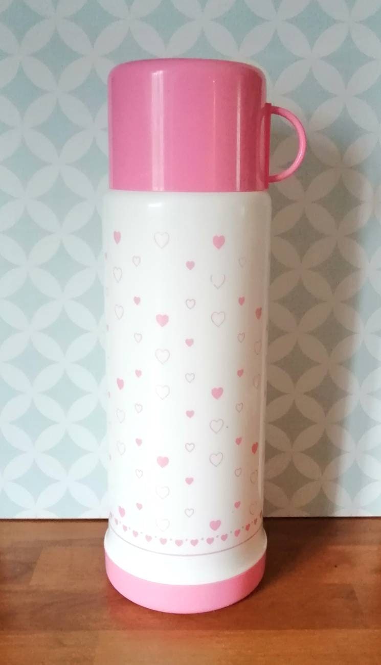 80S Vintage Made in France Domec Thermedoc Plastic Thermal Bottle Pink Hearts