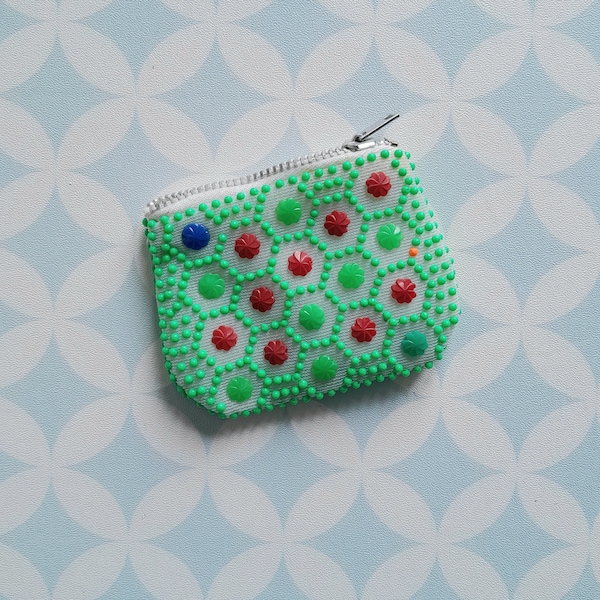 80s Vintage Canvas and pearls coin purse perles green