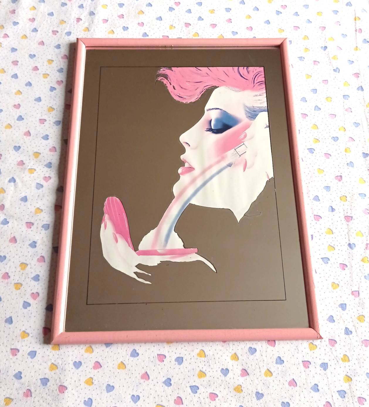 80S Vintage Wooden Frame Mirror Screen-Printed Decoration Representing A Woman's Face