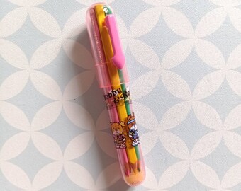 80s Vintage Ribbon Japan 1981 Bobby & Kate Pink Plastic Pen with 6 color Pencils