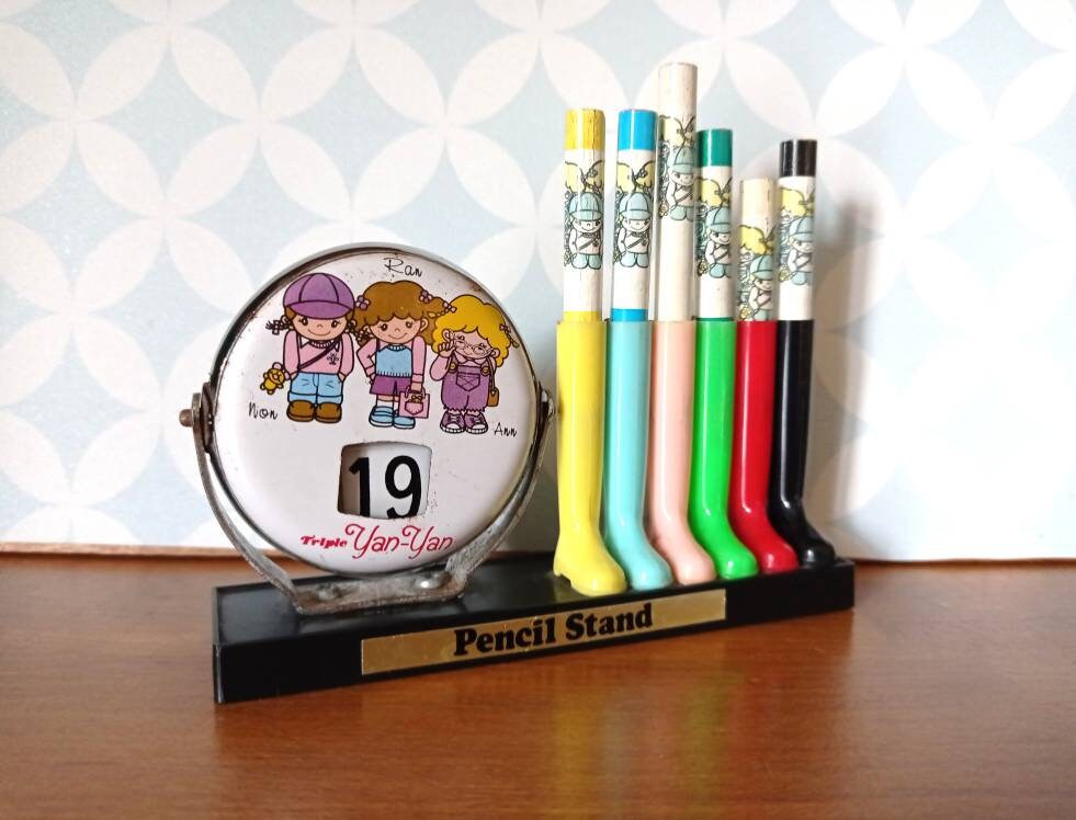 80S Vintage Ribbon Japan Triple Yan Pencil Stand With Perpetual Calendar & Mini Color Pencils
