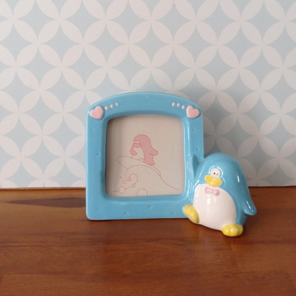 80s Vintage Japan KOTOBUKI blue ceramic photo frame photo holder with penguin