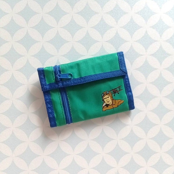 80s Vintage Green and Blue Nylon Canvas Wallet with an Aviator