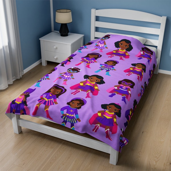 Black Girl Superhero Velveteen Plush Blanket| African American Gifts| Throw Blanket| Gifts For Her| Kids Picnic Blanket| Kids Bedding|