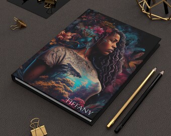 Portrait of a Black Woman Floral Print Personalized Hardcover Journal Matte - Spiral Custom Notebook - African American Gifts - Gift For Her