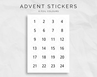 24 Advent Calendar Number Stickers, 24 Circle Number Stickers for Christmas Advent Calendar, Stick-on Numbers, Foiled Advent Number Stickers