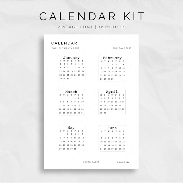 2024 Mini Kalender Sticker Kit - VINTAGE FONT, Stickers voor Bullet Journals en Planners, Minimalistische Stickers, Minimaal Briefpapier, Planners