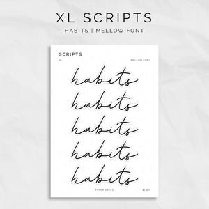 Puede incluir: Una hoja de cinco pegatinas blancas con la palabra "habits" escrita en letra cursiva. Las pegatinas están etiquetadas como "XL Scripts" y "Mellow Font".