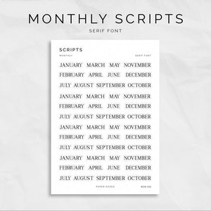 Mini scripts mensais - adesivos para diário e planejador com marcadores de fonte SERIF, adesivos de título minimalistas e funcionais para os meses do ano