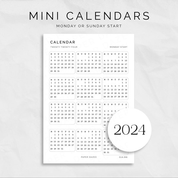 2024 Mini Kalenderstickers - Maandag/Zondag Start, Minimalistische Kalender 2024 Stickers voor Bullet Journals en Planners, Transparante Stickers