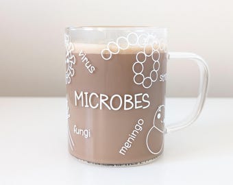 Microbes Glass Mug 400mL 14oz, Cute Microbiology Coffee and Drink Mug, Gifts for Scientists, Medical Science Mug Gifts, Gifts for Doctors