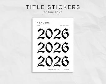 2026 Gothic Font Planner Stickers: Foil Title Page Stickers