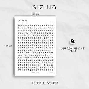 May include: A black and white alphabet chart with lowercase letters in a typewriter font. The chart is 128 mm wide and 182 mm tall. The letters are approximately 5 mm high.