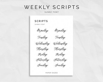Weekly Script Stickers - SUNNY Font, Functional and Minimal Stickers, Translucent Stickers for Bullet Journal and Planners, Foiled Script