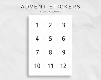 12 Advent Calendar Number Stickers, 12 Circle Number Stickers for Christmas Advent Calendar, Stick-on Numbers, Foiled Advent Number Stickers
