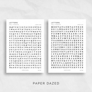 May include: Two black and white sheets of paper with the word "LETTERS" at the top of each sheet. The sheets contain a grid of uppercase and lowercase letters in a typewriter font. The text "PAPER DAZED" appears at the bottom of the sheets.