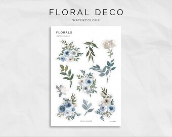 Blue Floral Deco Sticker Sheet, For Planner and Bullet Journals, Flower Decoration Stickers, Watercolour Decor Stickers for Planner Spreads