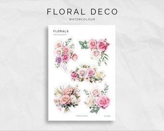 Aquarell rosa Rosen Blumen-Deco-Aufkleber Blatt, für Planer und Journals, Blumen-Dekoration-Aufkleber, rosa Aquarell-Dekor-Aufkleber