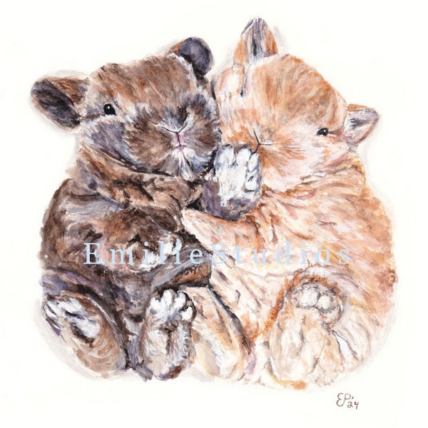 Baby Bunnies Cuddling Rabbit Watercolor Print | Bunny Gift | Pet Portrait Wall Art |  Animal Lover | Decor