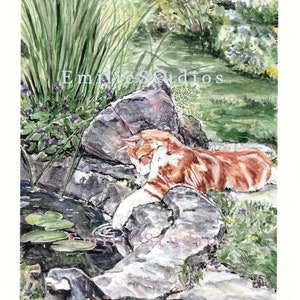 Kitten by Lily Pad Pond Watercolor Print