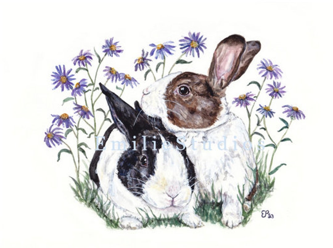 Dutch Rabbits With Purple Aster Watercolor Print | Standing Bunny ...