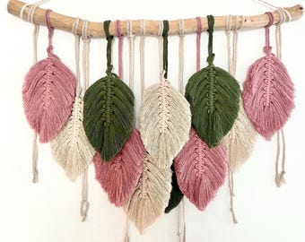 Macrame Wall Hanging With Green, Pink Leaves, Custom Macrame Feather Wall Decor, Nursery Wall Decoration, Neutral Nature Handmade  Decor